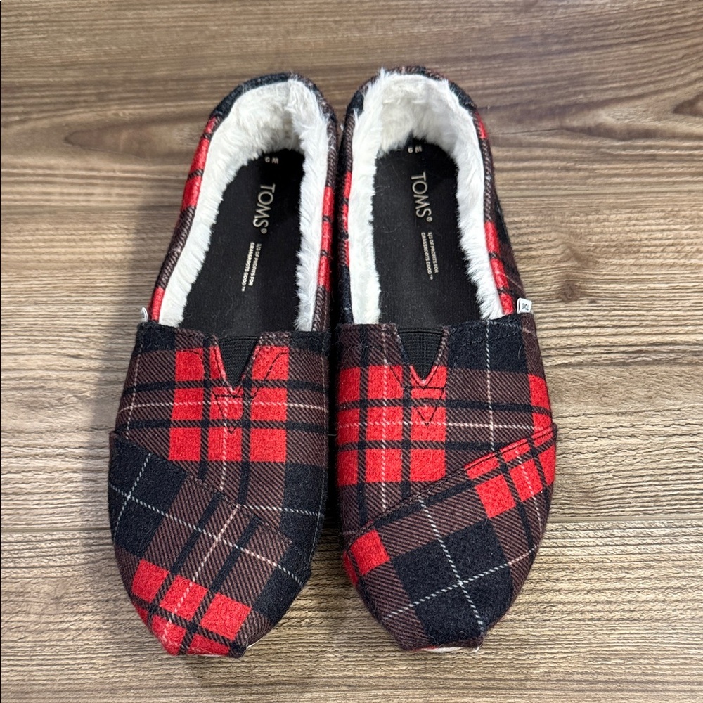 TOMS Red and Black Plaid Fleece-Lined Slip-Ons